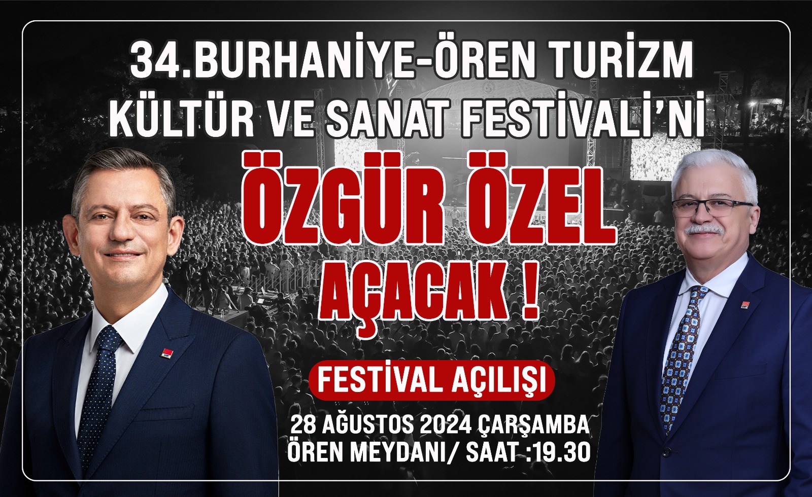 CHP Genel Başkanı Özgür Özel, 28 Ağustos'ta başlayacak olan 34. Burhaniye-Ören Turizm Kültür ve Sanat Festivali'nin açılışını yapacak. Sanatseverleri dolu dolu bir program bekliyor.