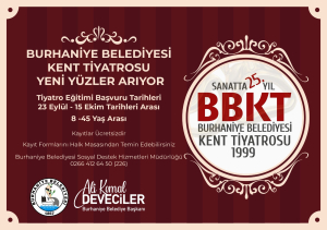 Burhaniye Belediyesi Kent Tiyatrosu, yeni dönem kayıtlarını başlattı. 8-45 yaş arası tiyatroseverler, oyunculuk eğitimi almak için 15 Ekim’e kadar Burhaniye Belediyesi Hizmet Binası’nda başvuruda bulunabilecek.