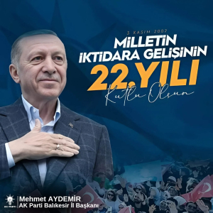 AK Parti Balıkesir İl Başkanı Mehmet Aydemir, AK Parti’nin 22 yıllık iktidar yolculuğunu kutlayarak, Cumhurbaşkanı Erdoğan’ın liderliğinde Türkiye’ye hizmet etmeye devam ettiklerini belirtti.