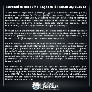 Burhaniye Belediyesi, BUBFA’nın düzenlediği 4. Turizm Şenliği’ne davet edilmemesine tepki gösterdi. Belediye Başkanı Ali Kemal Deveciler, bu dışlayıcı yaklaşımı Burhaniye halkı adına kınadıklarını açıkladı.