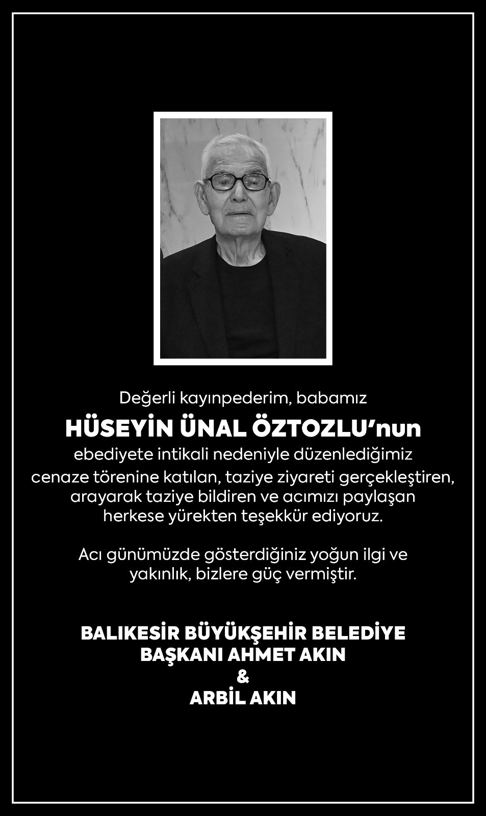 Başkan Ahmet Akın’dan Taziye Teşekkürü